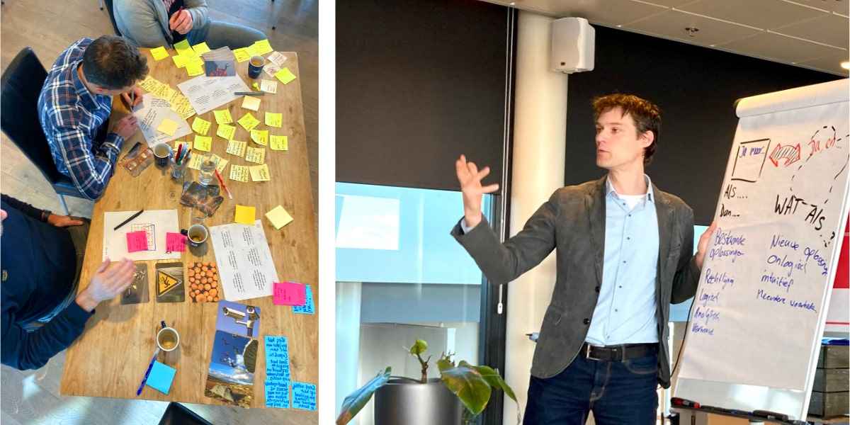 Workshopruimte met deelnemers die een training in creatief denken volgen